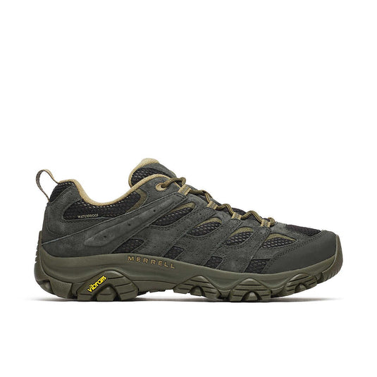 Green hiking shoe with Merrell branding on a white background