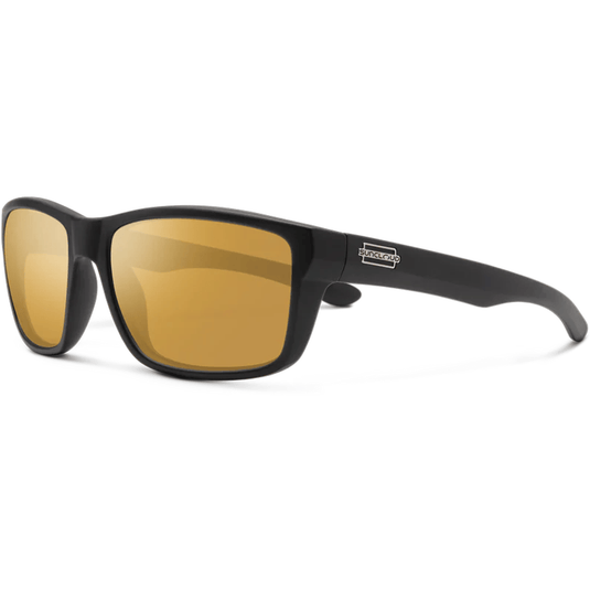 Black sunglasses with gold lenses on a white background