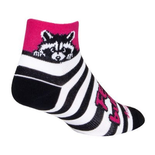 Sock with raccoon design and pink text on a white background