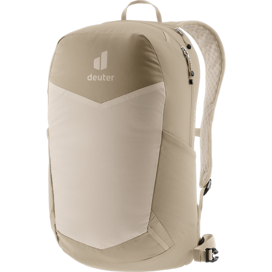 Beige backpack with Deuter logo on a white background