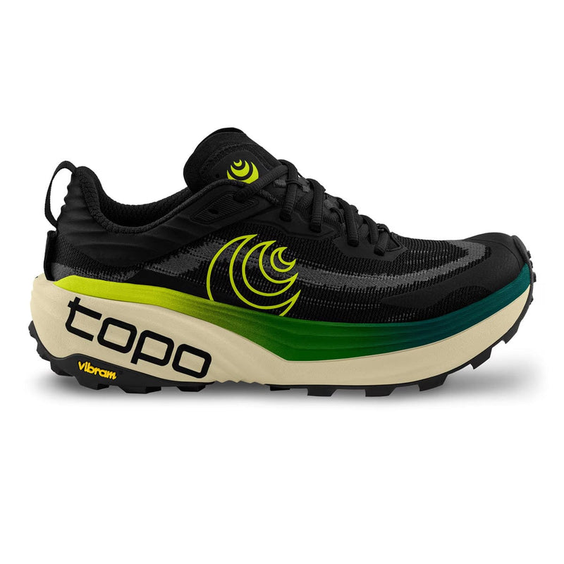 Load image into Gallery viewer, Black and green running shoe with 'topo' branding on a white background
