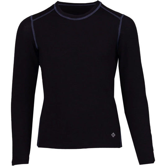Black long-sleeve shirt with blue accents on a white background