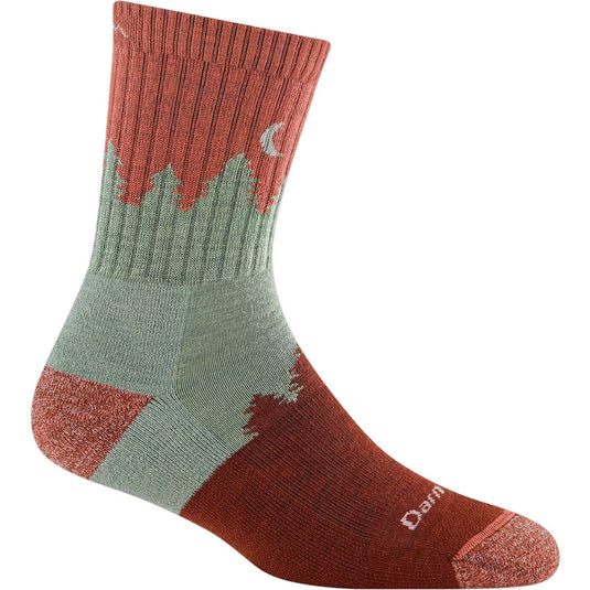 Multicolored sock with red, green, and brown shades on a white background