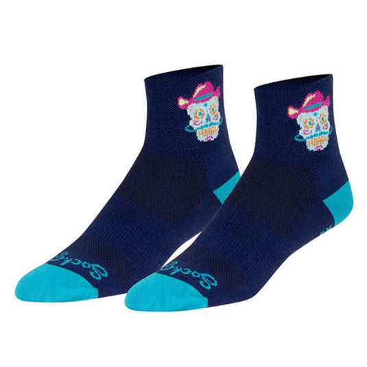 Pair of dark blue socks with colorful skull design and turquoise accents on a white background
