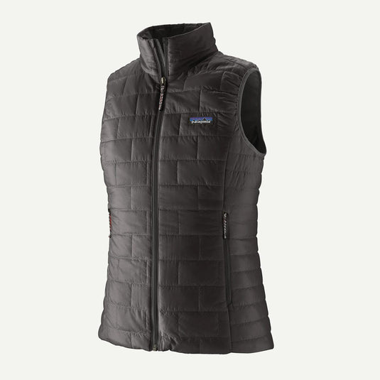 Black quilted vest with Patagonia logo on a white background