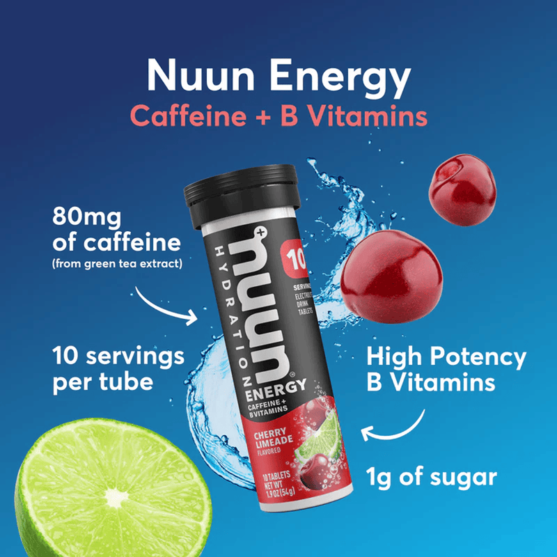 Load image into Gallery viewer, Nuun Energy drink tube with cherry limeade flavor on a blue background
