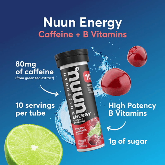 Nuun Energy drink tube with cherry limeade flavor on a blue background