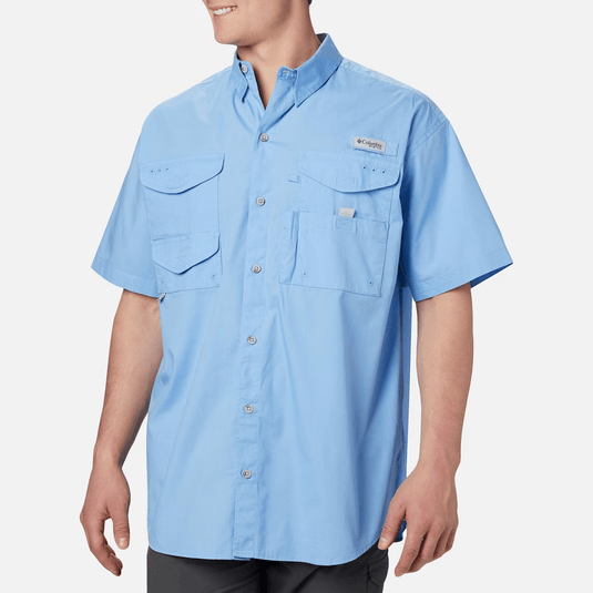 Light blue button-up shirt with Columbia logo on a white background