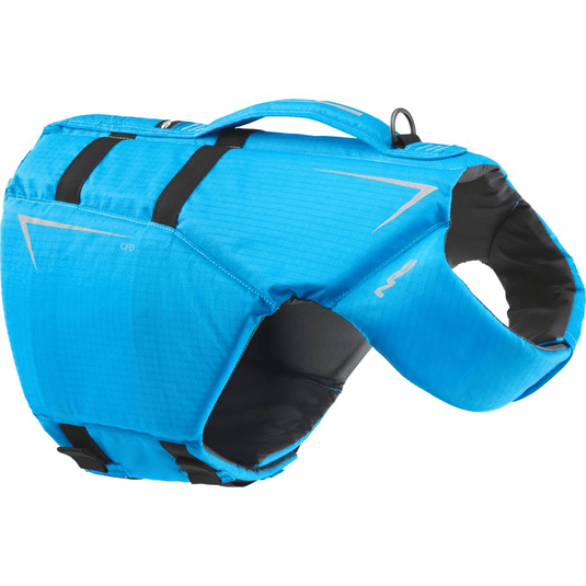 Blue dog life jacket with black straps on a white background