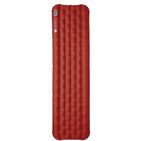 Red inflatable sleeping pad on a white background
