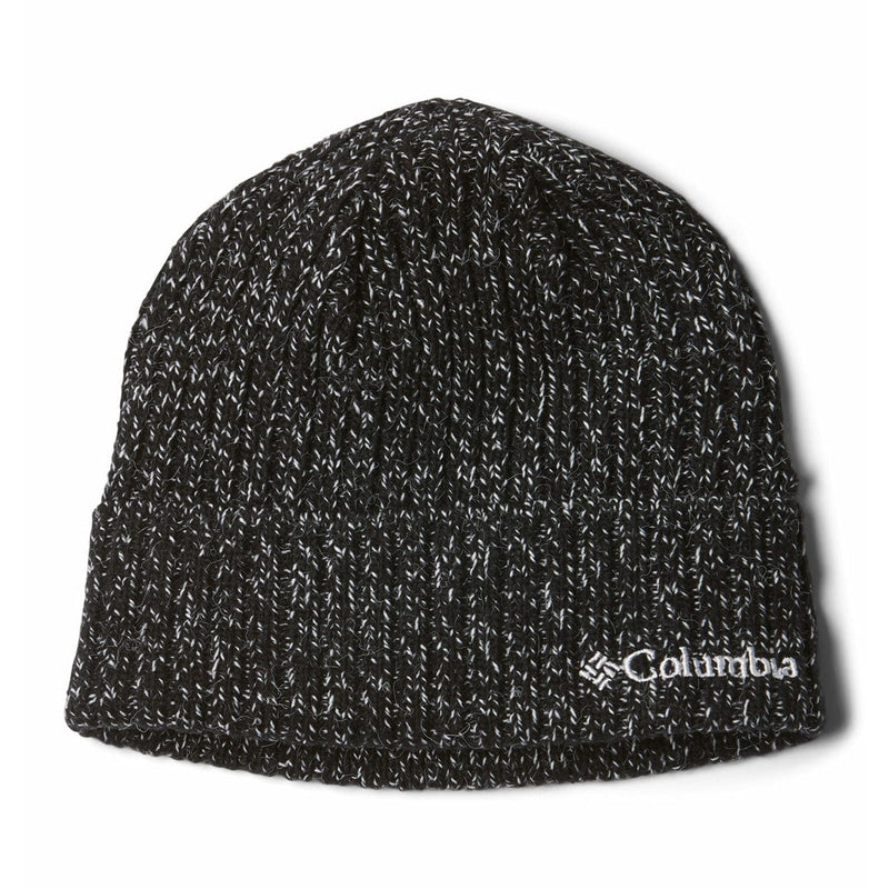 Load image into Gallery viewer, Black and gray speckled beanie with Columbia logo on a white background
