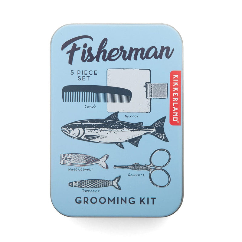 Load image into Gallery viewer, Fisherman grooming kit packaging with illustrations of a fish, comb, mirror, nail clipper, and scissors on a light blue background.
