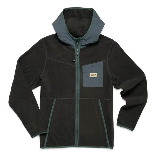 Black fleece jacket with gray hood and pocket on a white background