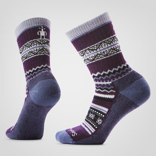 Pair of purple and gray patterned socks on a light gray background