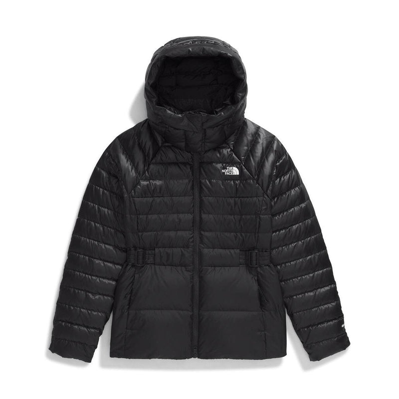 Load image into Gallery viewer, Black puffer jacket with hood on a white background
