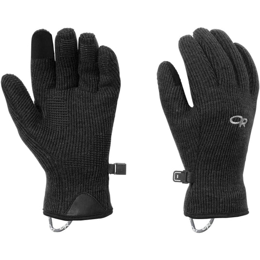 Pair of black gloves with a brand logo on a white background
