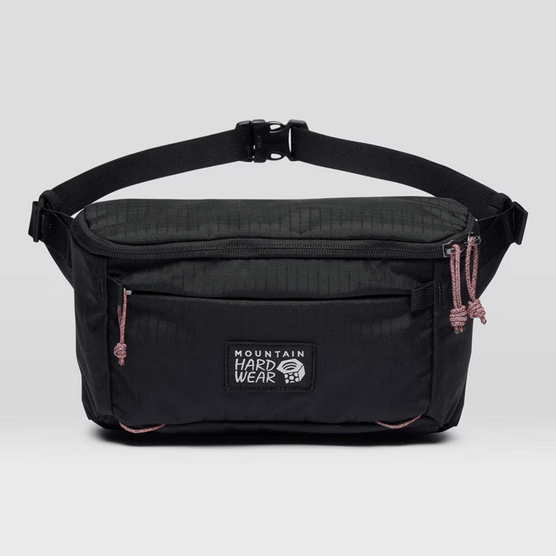 Load image into Gallery viewer, Black waist bag with 'Mountain Hardwear' logo on a light gray background
