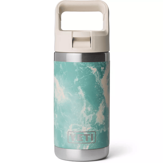 Marble-patterned water bottle with handle on a white background