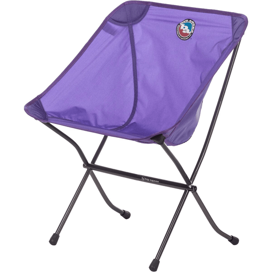 Purple folding chair with a brand logo on a white background