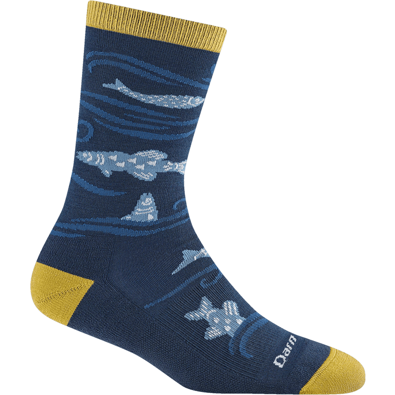 Load image into Gallery viewer, Navy sock with shark design and yellow accents on a white background
