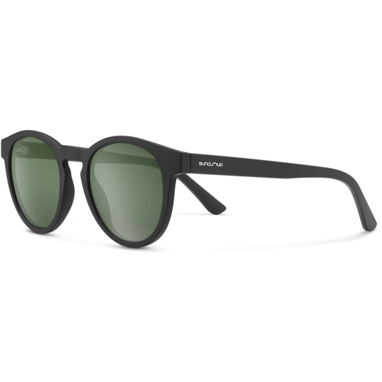 Round black sunglasses with green lenses on a white background