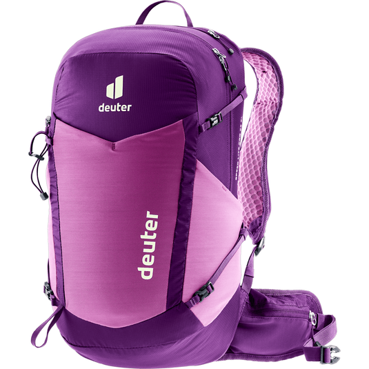 Purple and pink Deuter backpack on a white background
