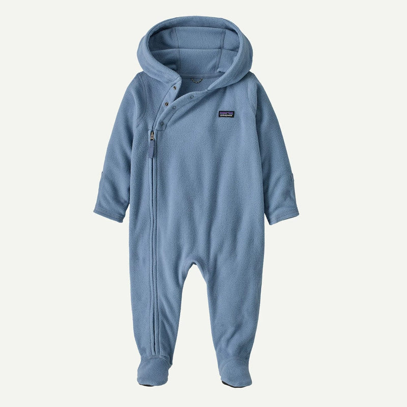 Load image into Gallery viewer, Blue baby onesie with a hood on a white background
