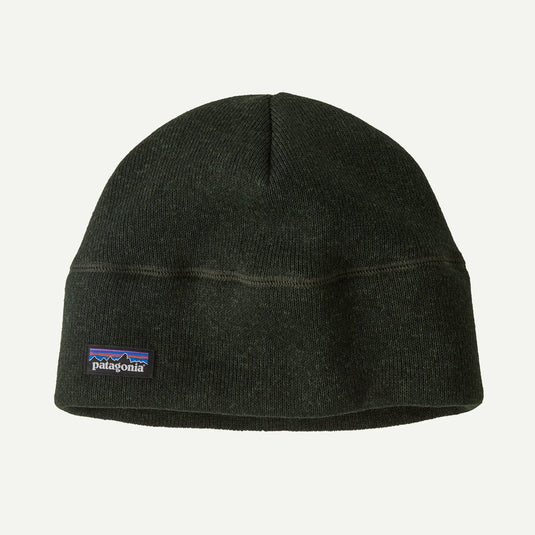 Black beanie with Patagonia logo on a light gray background
