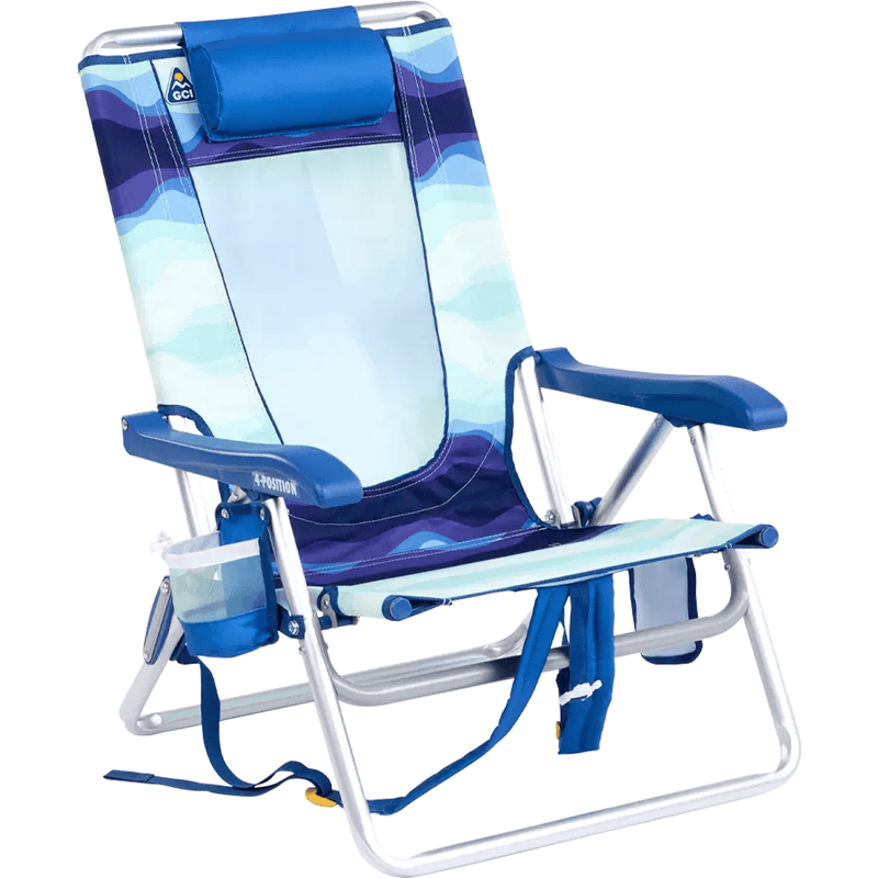 Load image into Gallery viewer, Blue and white beach chair with armrests and cup holders on a white background
