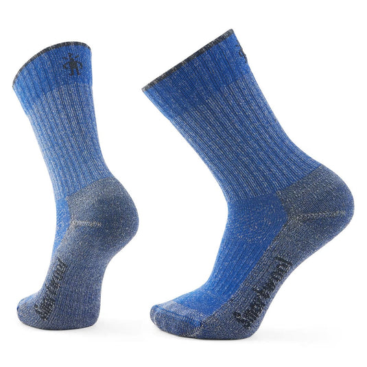 Pair of blue socks with gray accents on a white background
