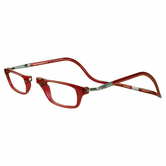 Red eyeglasses with silver accents on a white background