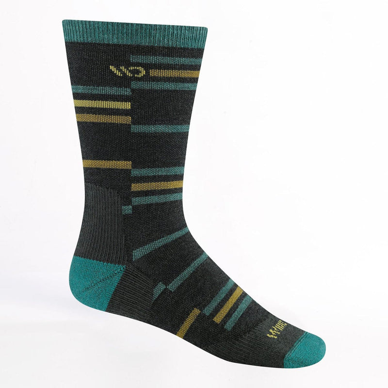 Load image into Gallery viewer, Black sock with green and yellow stripes on a white background
