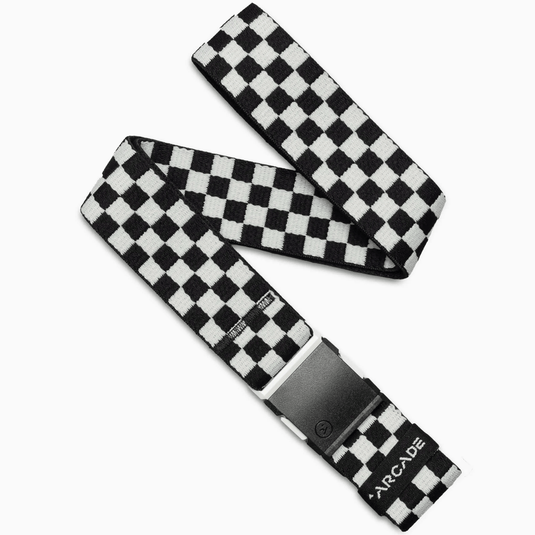 Black and white checkered belt with a metal buckle on a white background