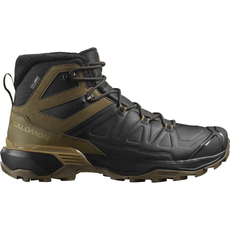 Load image into Gallery viewer, Black and brown hiking boot with Salomon branding on a white background
