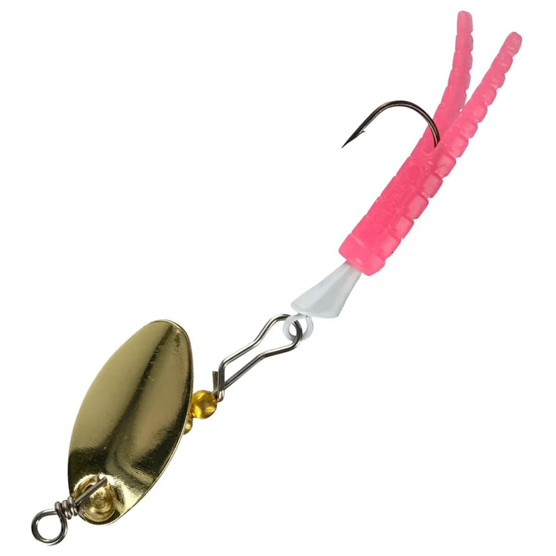 Load image into Gallery viewer, Gold spoon fishing lure with pink ribbings on a white background
