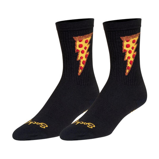 Black socks with pizza slice design on a white background