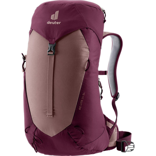 Maroon and brown hiking backpack with Deuter logo on a white background