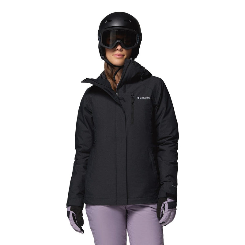 Load image into Gallery viewer, Person wearing a black Columbia jacket and helmet on a white background
