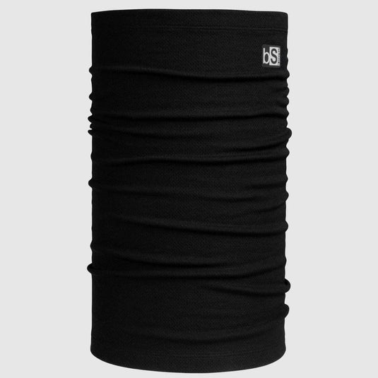 Black neck gaiter with a brand logo on a light gray background
