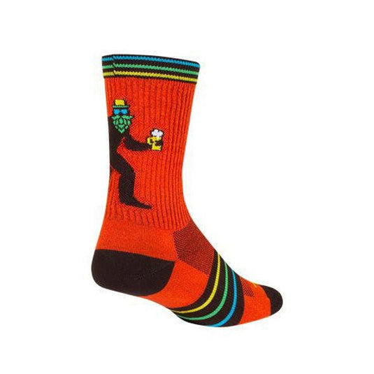Orange sock with a graphic design on a white background