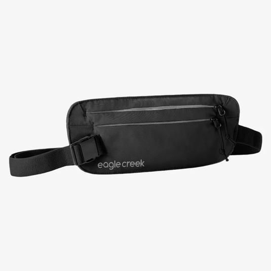 Black waist bag with 'eagle creek' branding on a white background