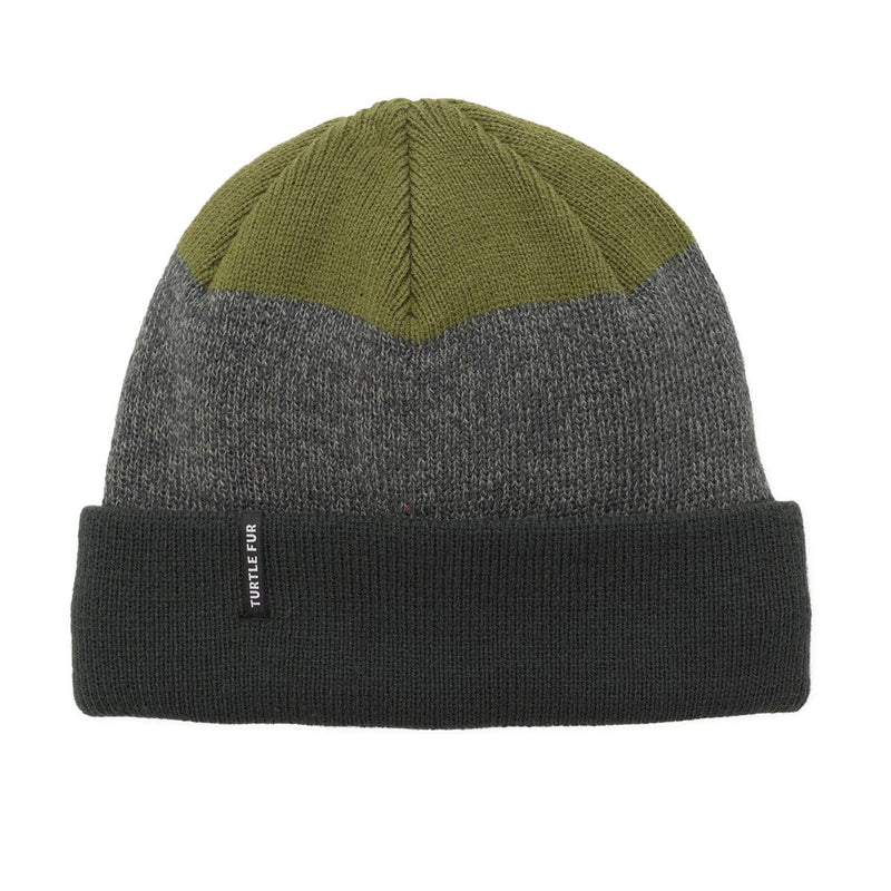 Load image into Gallery viewer, Three-tone beanie with green, gray, and black sections on a white background
