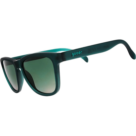Teal sunglasses with 'goodr' branding on a white background