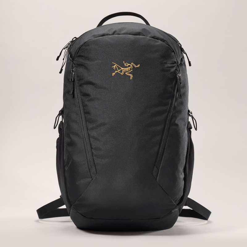 Load image into Gallery viewer, Black backpack with a brand logo on a light gray background
