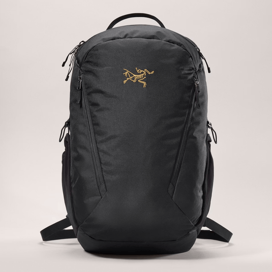 Black backpack with a brand logo on a light gray background