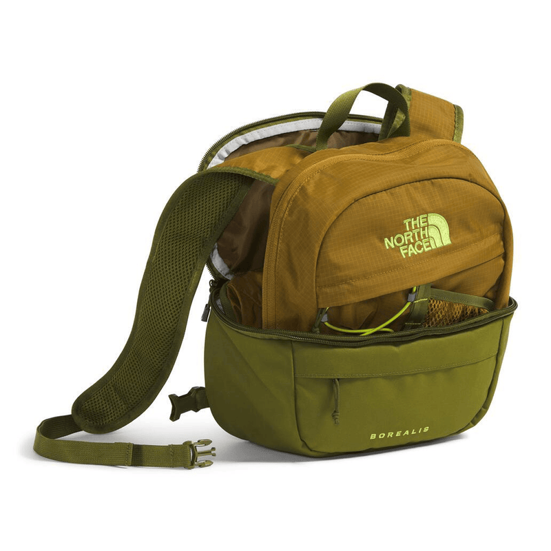 Load image into Gallery viewer, Green and brown backpack with visible 'The North Face' logo on a white background
