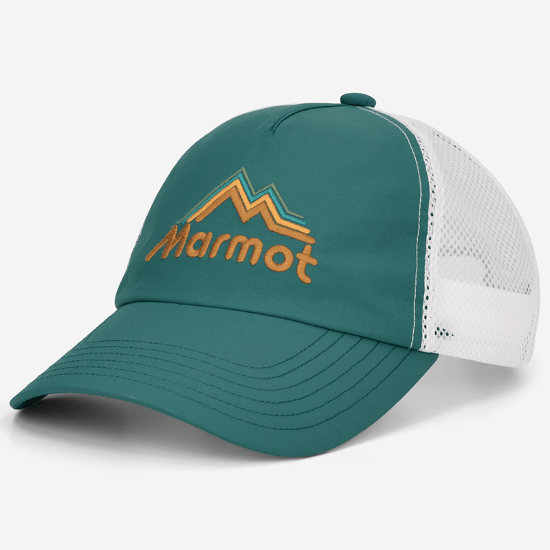 Load image into Gallery viewer, Green and white cap with Marmot logo on a white background
