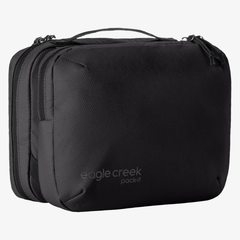 Load image into Gallery viewer, Black travel packing cube with 'eagle creek' branding on a white background

