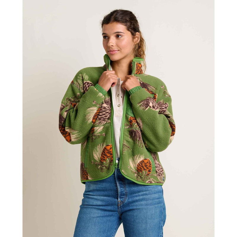 Load image into Gallery viewer, Woman wearing a green jacket with nature-themed pattern on a plain background
