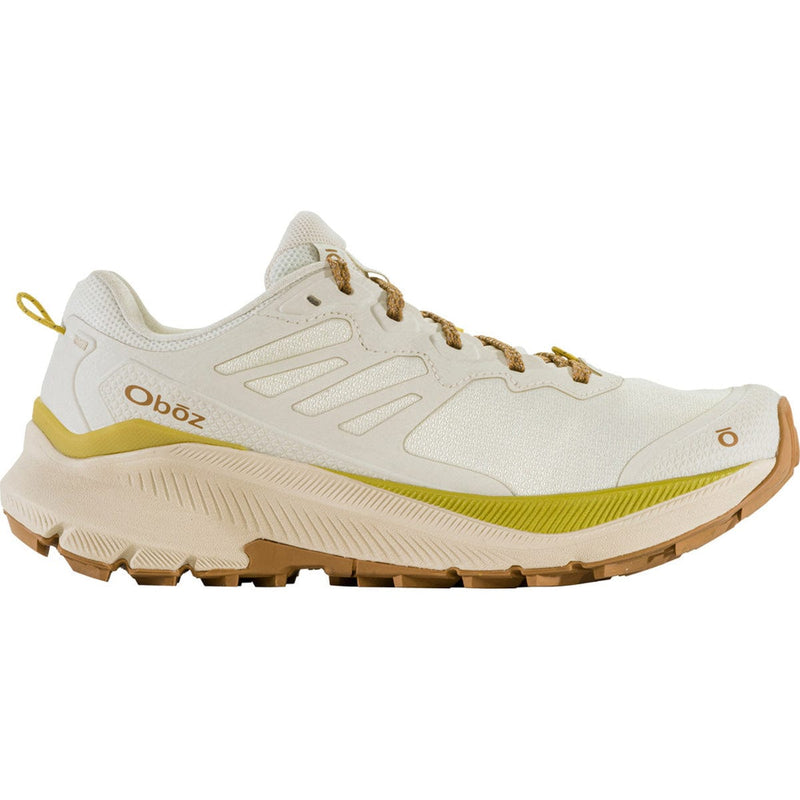 Load image into Gallery viewer, A Oboz women's Katabatic Wind Low hiking shoe with a beige mesh upper and green accents, displayed against a white background.
